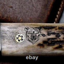 CFK Handmade D2 Custom BEAR WOLF Scrimshaw New Zealand Red Stag Antler Knife