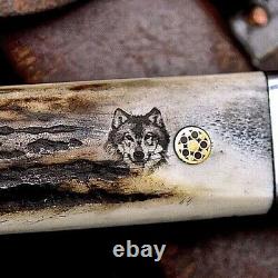 CFK Handmade D2 Custom BEAR WOLF Scrimshaw New Zealand Red Stag Antler Knife