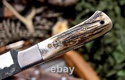 CFK Handmade D2 Custom BEAR WOLF Scrimshaw New Zealand Red Stag Antler Knife