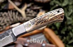 CFK Handmade D2 Custom BEAR WOLF Scrimshaw New Zealand Red Stag Antler Knife