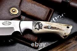CFK Handmade D2 Custom CHIEF Scrimshaw New Zealand Red Stag Antler Hunting Knife
