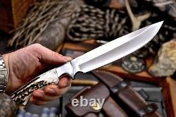 CFK Handmade D2 Custom CHIEF WOLVES Scrimshaw New Zealand Red Stag Antler Knife