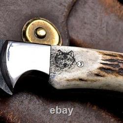 CFK Handmade D2 Custom WOLF Scrimshaw New Zealand Red Stag Antler Hunting Knife
