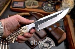CFK Handmade DC53 Custom ELK BEAR Scrimshaw New Zealand Red Stag Antler Knife