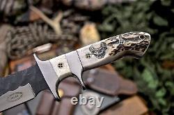 CFK Handmade DC53 Custom SKULL Scrimshaw New Zealand Stag Antler Sub Hilt Knife