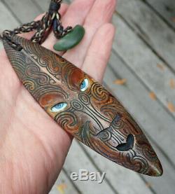 David Taylor Art Nz Deer Bone Engraved Inlaid Signed Maori Purerehua Necklace
