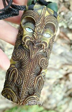 David Taylor Art Work Nz Deer Bone Engraved Inlaid Signed Maori Tekoteko Tiki