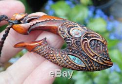 David Taylor Nz Carved Inlaid Engraved Signed Maori Hei Matau Kaumoana Fish Hook