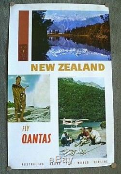 FLY QANTAS TO NEW ZEALAND VINTAGE c1970's TRAVEL POSTER LAKE MATHESON, ROTORUA