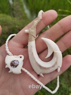 Fish Hook Manta Ray Hei Matau Maori Pendant Hand Carved Deer Horn New Zealand