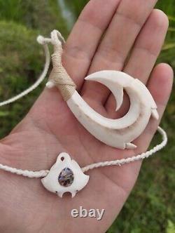 Fish Hook Manta Ray Hei Matau Maori Pendant Hand Carved Deer Horn New Zealand