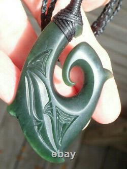 Flawless Engraved Nz Maori Pounamu Greenstone Arahura Jade Hei Matau Fish Hook