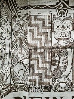 Flax Linen Hand Print Wall Tapestry New Zealand Rare, Carved Maori Whare TIKI