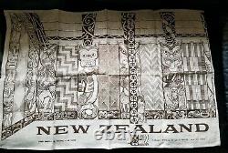 Flax Linen Hand Print Wall Tapestry New Zealand Rare, Carved Maori Whare TIKI