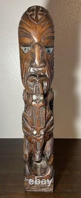 Hand-Carved Maori Ancestor Figure Paua Shell Inlay, New Zealand 22 Signed