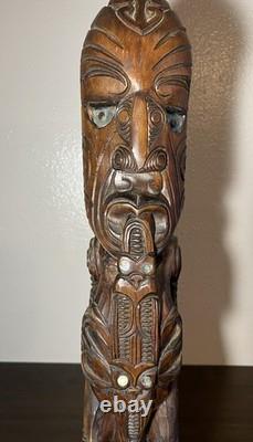 Hand-Carved Maori Ancestor Figure Paua Shell Inlay, New Zealand 22 Signed