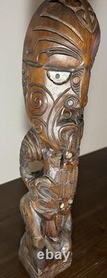 Hand-Carved Maori Ancestor Figure Paua Shell Inlay, New Zealand 22 Signed
