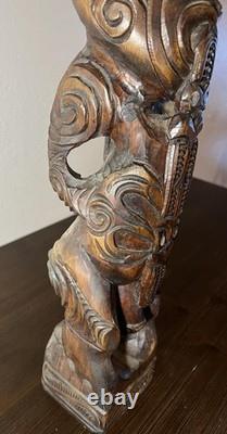 Hand-Carved Maori Ancestor Figure Paua Shell Inlay, New Zealand 22 Signed