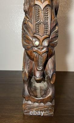 Hand-Carved Maori Ancestor Figure Paua Shell Inlay, New Zealand 22 Signed