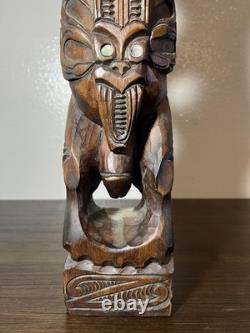 Hand-Carved Maori Ancestor Figure Paua Shell Inlay, New Zealand 22 Signed