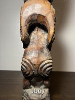 Hand-Carved Maori Ancestor Figure Paua Shell Inlay, New Zealand 22 Signed