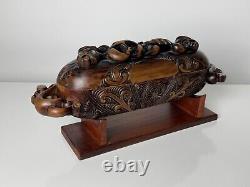 Hand Carved New Zealand Maori Waka Huia Totara Wood Treasure Box