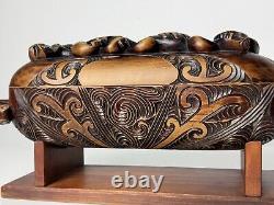 Hand Carved New Zealand Maori Waka Huia Totara Wood Treasure Box