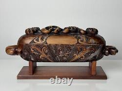 Hand Carved New Zealand Maori Waka Huia Totara Wood Treasure Box