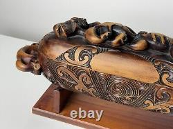 Hand Carved New Zealand Maori Waka Huia Totara Wood Treasure Box