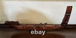 Hand Carved New Zealand Wood Waka Maori Warrior Canoe 2 Oars Inlay Signed NZ