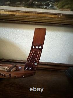 Hand Carved New Zealand Wood Waka Maori Warrior Canoe 2 Oars Inlay Signed NZ