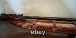Hand Carved New Zealand Wood Waka Maori Warrior Canoe 2 Oars Inlay Signed NZ