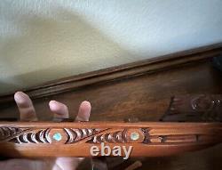 Hand Carved New Zealand Wood Waka Maori Warrior Canoe 2 Oars Inlay Signed NZ