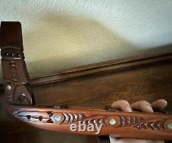 Hand Carved New Zealand Wood Waka Maori Warrior Canoe 2 Oars Inlay Signed NZ