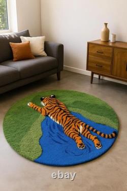 Hand-Tufted Round Tiger Design Rug Jungle Collection 100% New Zealand Wool