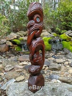Hand-carved 17 New Zealand Maori Polynesian Hei-tiki Totem Mother of Pearl Eyes