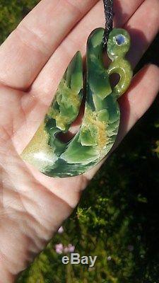 Handmade Fish Hook stunning Flower Jade New Zealand Jade Greenstone Pounamu