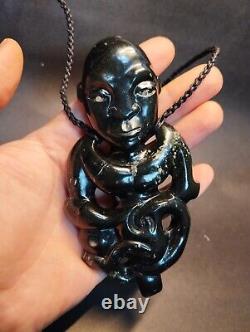 Hei Tiki Maori Art Inanga Hina-Uri Pendant New Zealand Pounamu