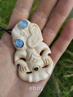 Hei Tiki Maori Pendant Hand Carved Bone Abalone Eyes New Zealand Inanga