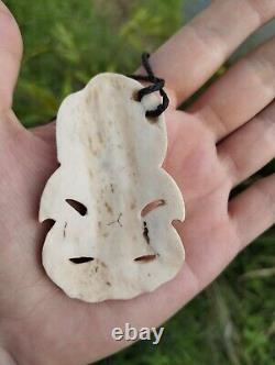 Hei Tiki Maori Pendant Hand Carved Bone Abalone Eyes New Zealand Inanga