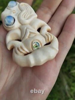 Hei Tiki Maori Pendant Hand Carved Bone Abalone Eyes New Zealand Inanga