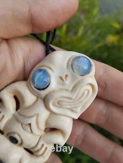 Hei Tiki Maori Pendant Hand Carved Bone Abalone Eyes New Zealand Inanga