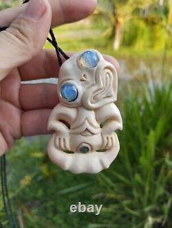 Hei Tiki Maori Pendant Hand Carved Bone Abalone Eyes New Zealand Inanga