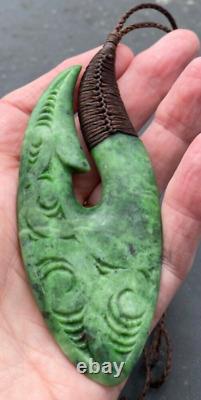 Huge N Jerry Inanga Pounamu Greenstone Flower Jade Engraved Maori Hei Matau Hook