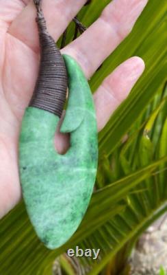 Huge N Jerry Inanga Pounamu Greenstone Flower Jade Engraved Maori Hei Matau Hook