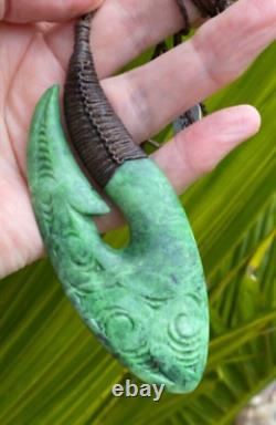 Huge N Jerry Inanga Pounamu Greenstone Flower Jade Engraved Maori Hei Matau Hook