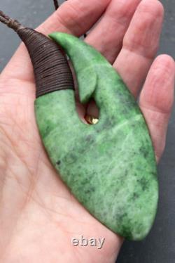 Huge N Jerry Inanga Pounamu Greenstone Flower Jade Engraved Maori Hei Matau Hook