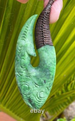Huge N Jerry Inanga Pounamu Greenstone Flower Jade Engraved Maori Hei Matau Hook