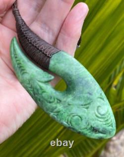 Huge N Jerry Inanga Pounamu Greenstone Flower Jade Engraved Maori Hei Matau Hook