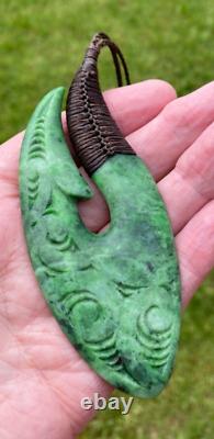 Huge N Jerry Inanga Pounamu Greenstone Flower Jade Engraved Maori Hei Matau Hook
